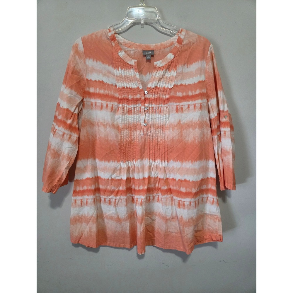 J. Jill Orange White Tie Dye Stripe Pintuck Cotton Tunic Blouse XL 3/4 Sleeve